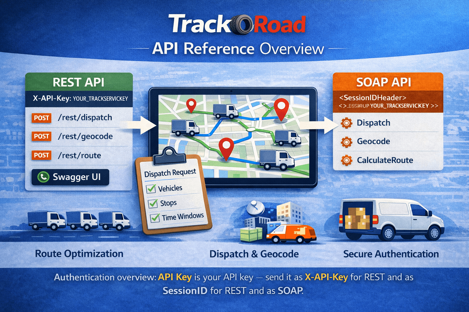 TrackRoad API reference overview showing REST endpoints, SOAP operations, and authentication with TrackServiceKey