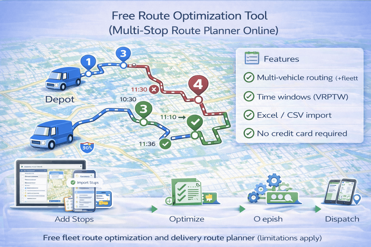 Free route optimization tool showing multi-stop delivery routes, time windows, and multiple vehicles