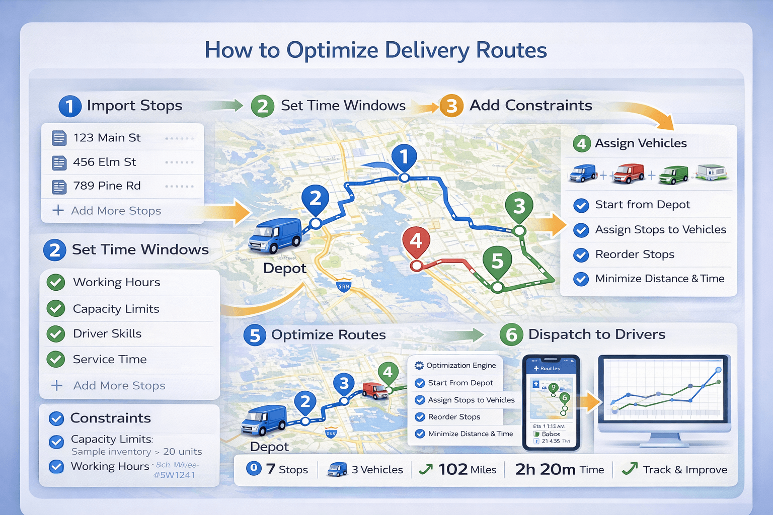 How to optimize delivery routes step by step showing stops, time windows, vehicles, constraints, and optimized delivery routes on a map