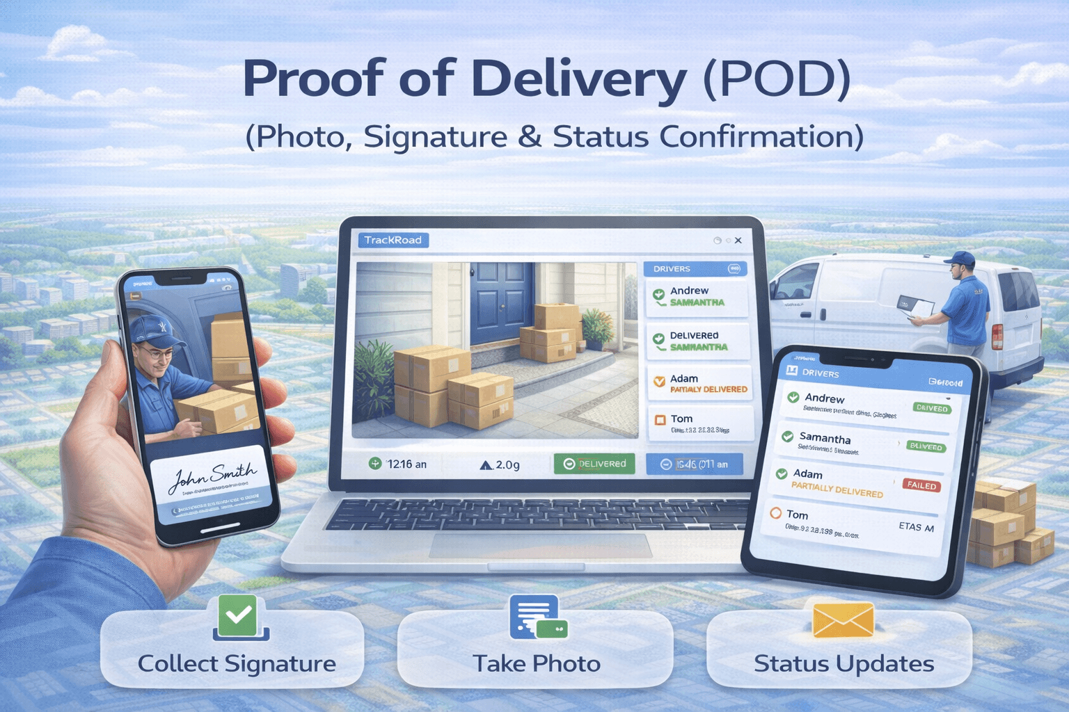 Proof of delivery workflow showing signature capture, photo proof, timestamps, and stop status history