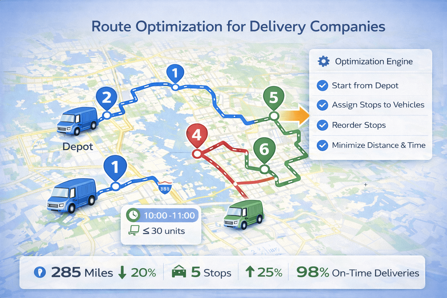 Route optimization for delivery companies showing multiple vehicles, delivery stops, time windows, and optimized routes