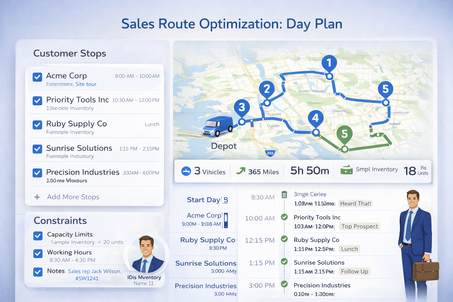Sales route optimization day plan: fixed meetings (time windows) plus flexible stops, optimized order, and a realistic timeline schedule.