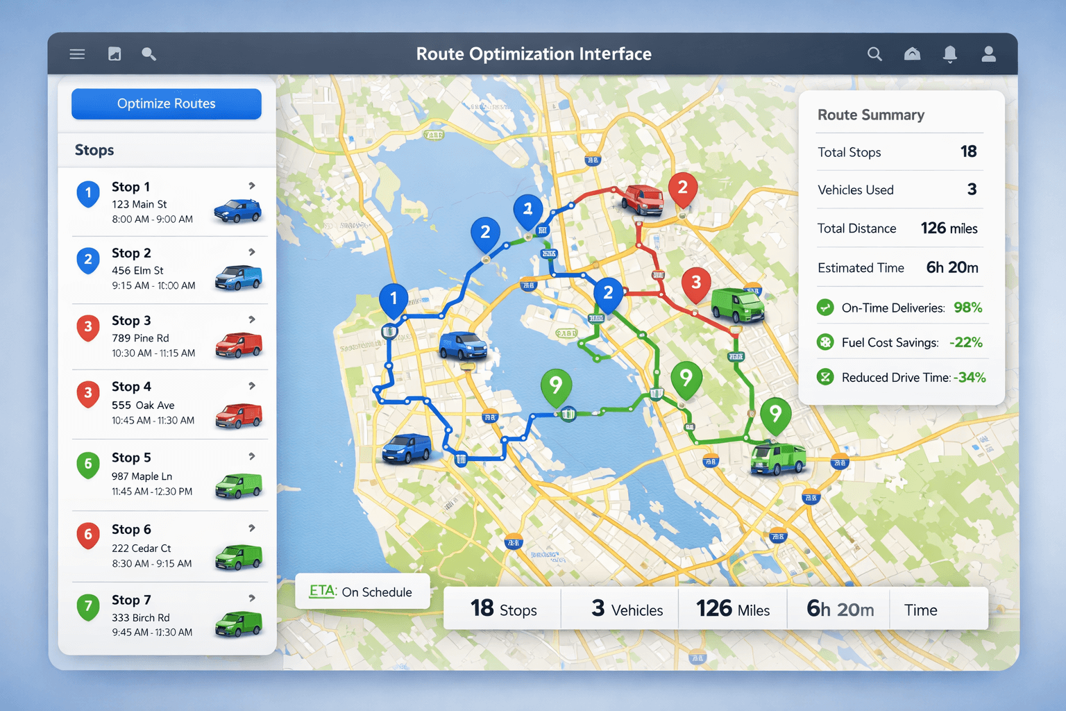 TrackRoad route optimization interface showing multiple routes and vehicles with optimized stop order.