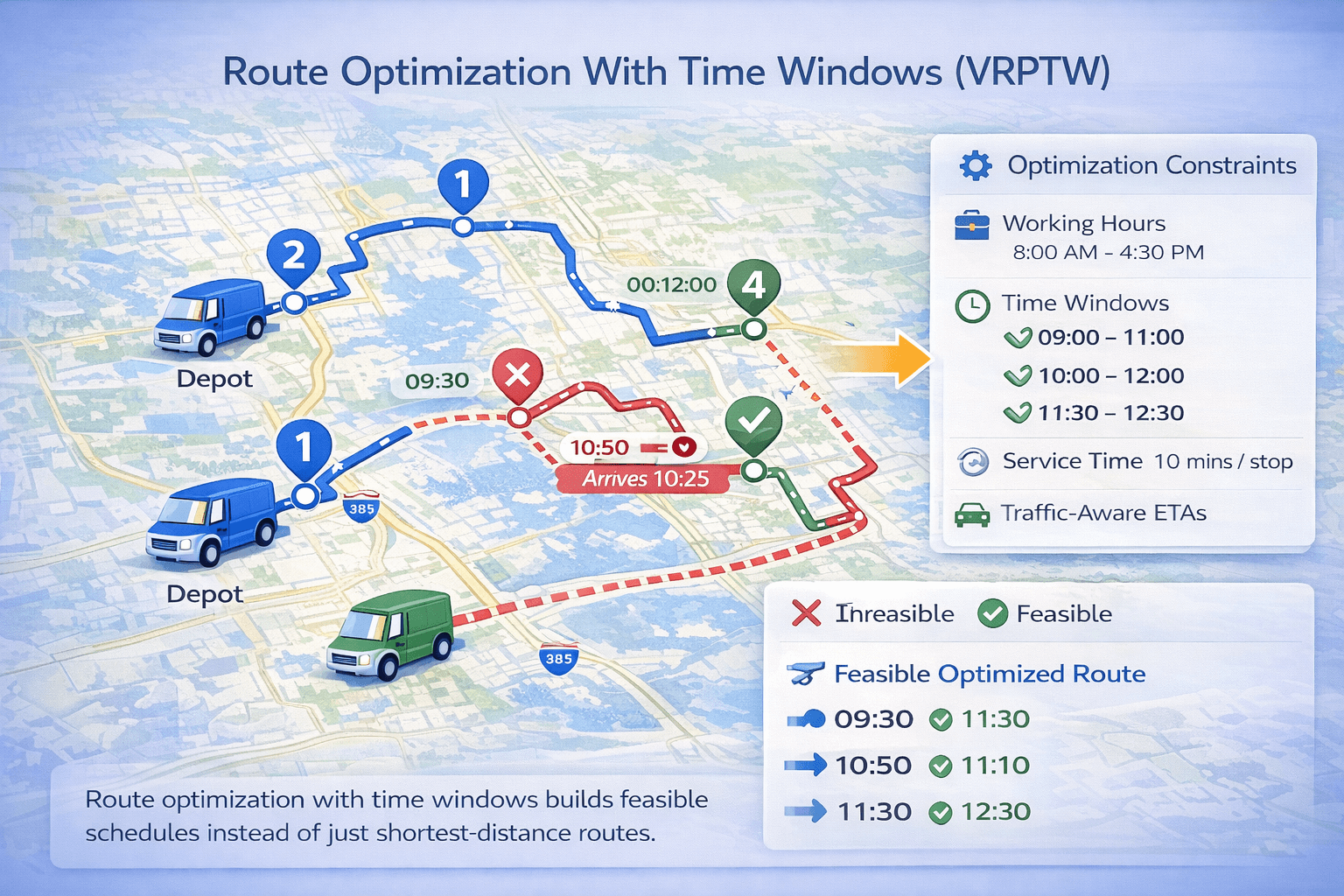Route optimization with time windows showing feasible and infeasible delivery schedules