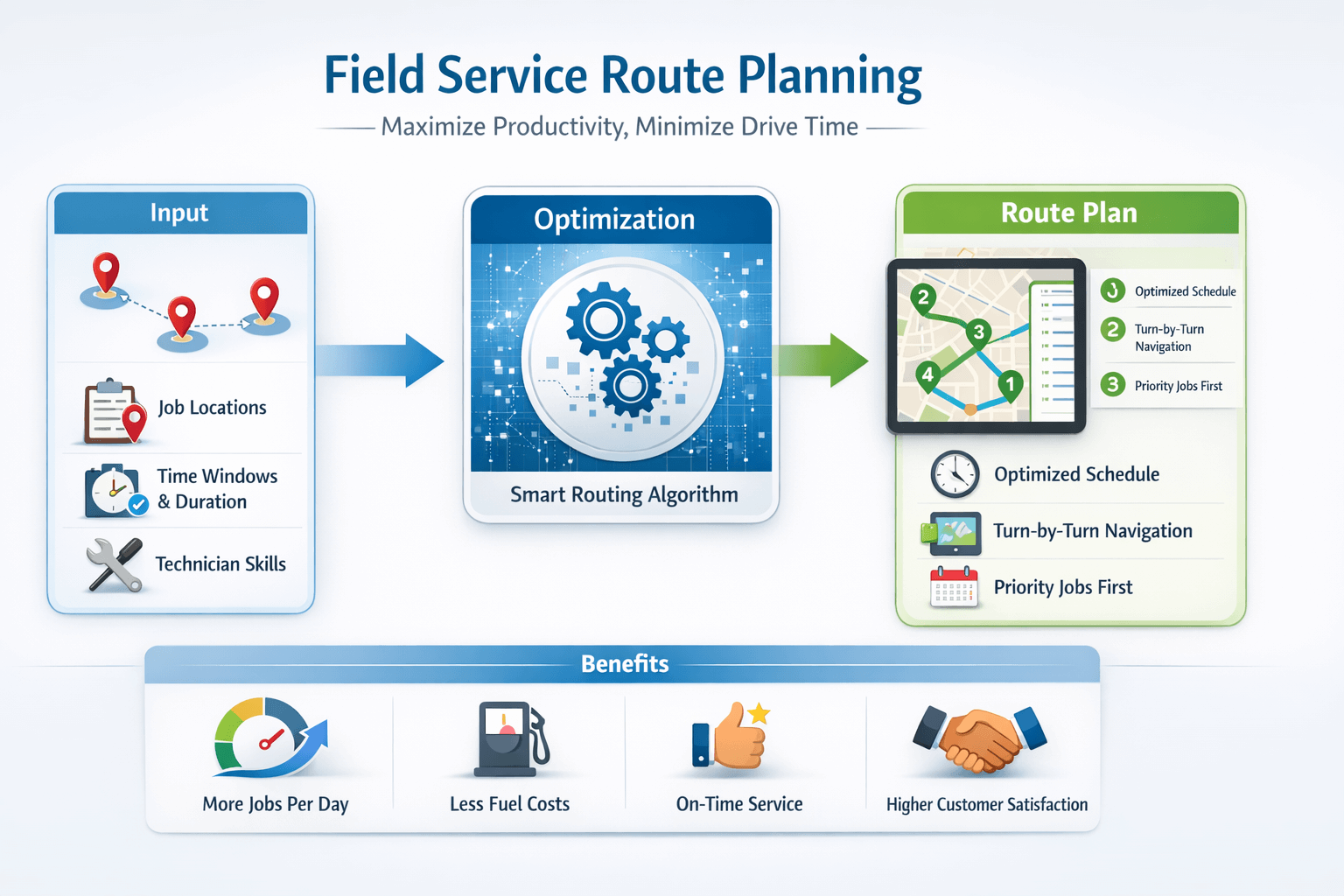 Field service schedule with appointment windows and service times assigned across multiple technicians.