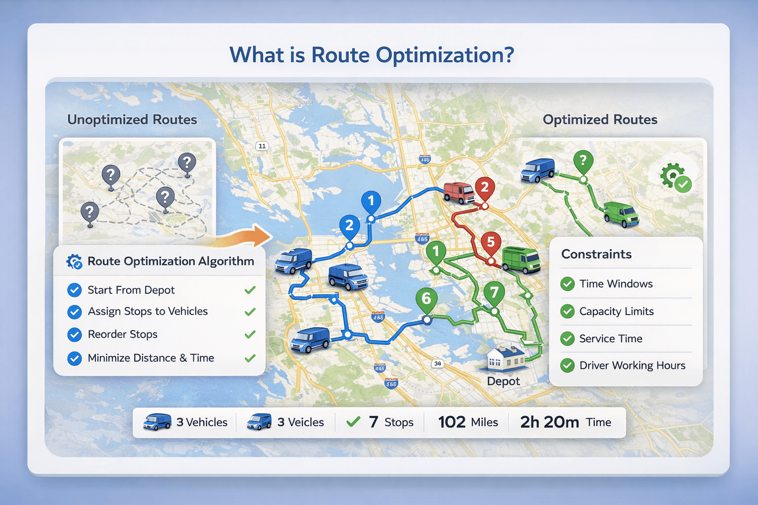 How route optimization works: stops assigned to vehicles with optimized routes, time windows, and constraints